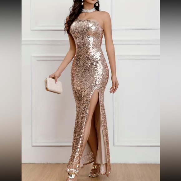 Luxurious  glamorous one shoulder party prom formal   sequins gown dress - Picture 5 of 6